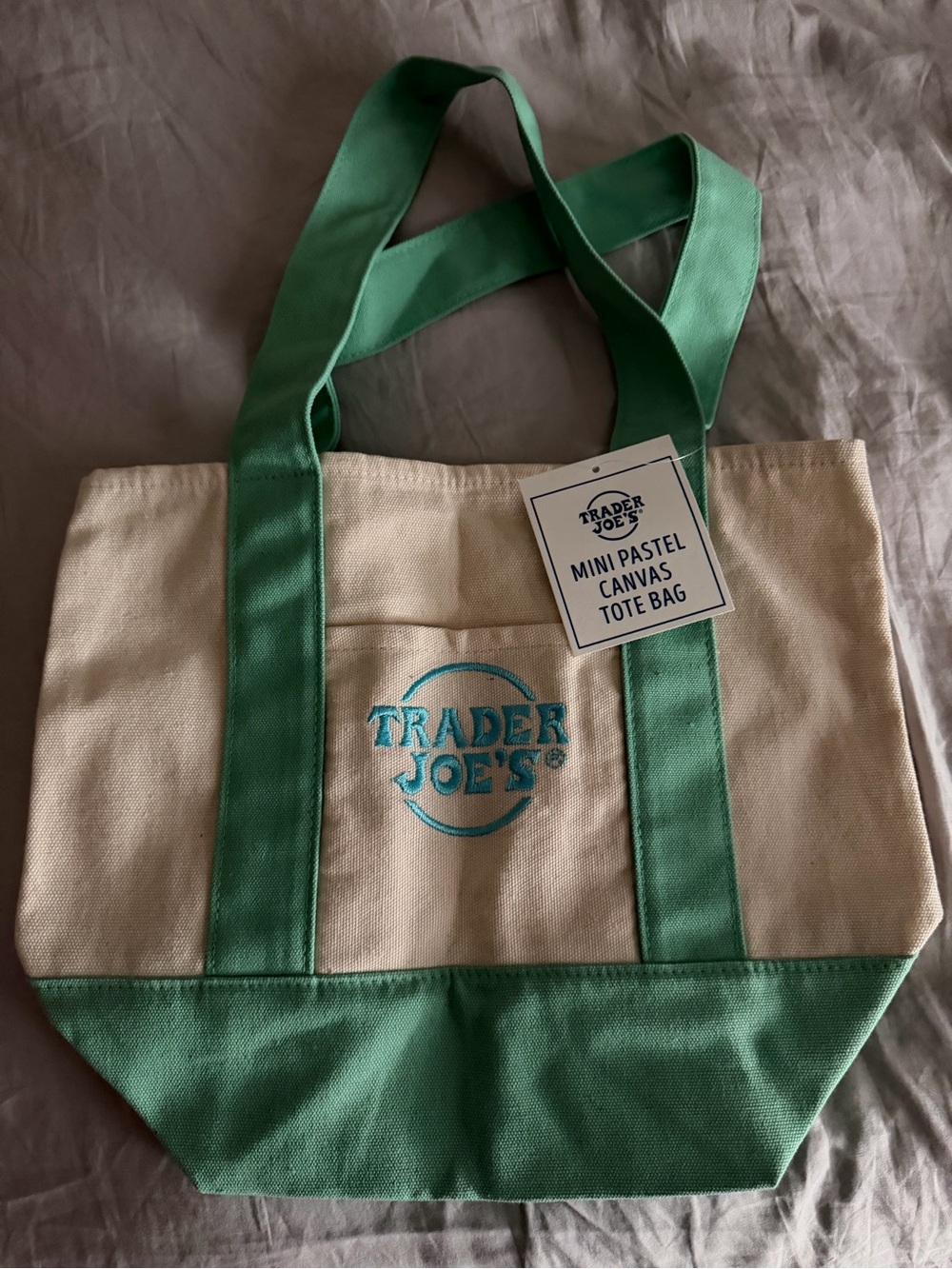 Trader Joe's mini Cream Canvas Tote with Green Trim